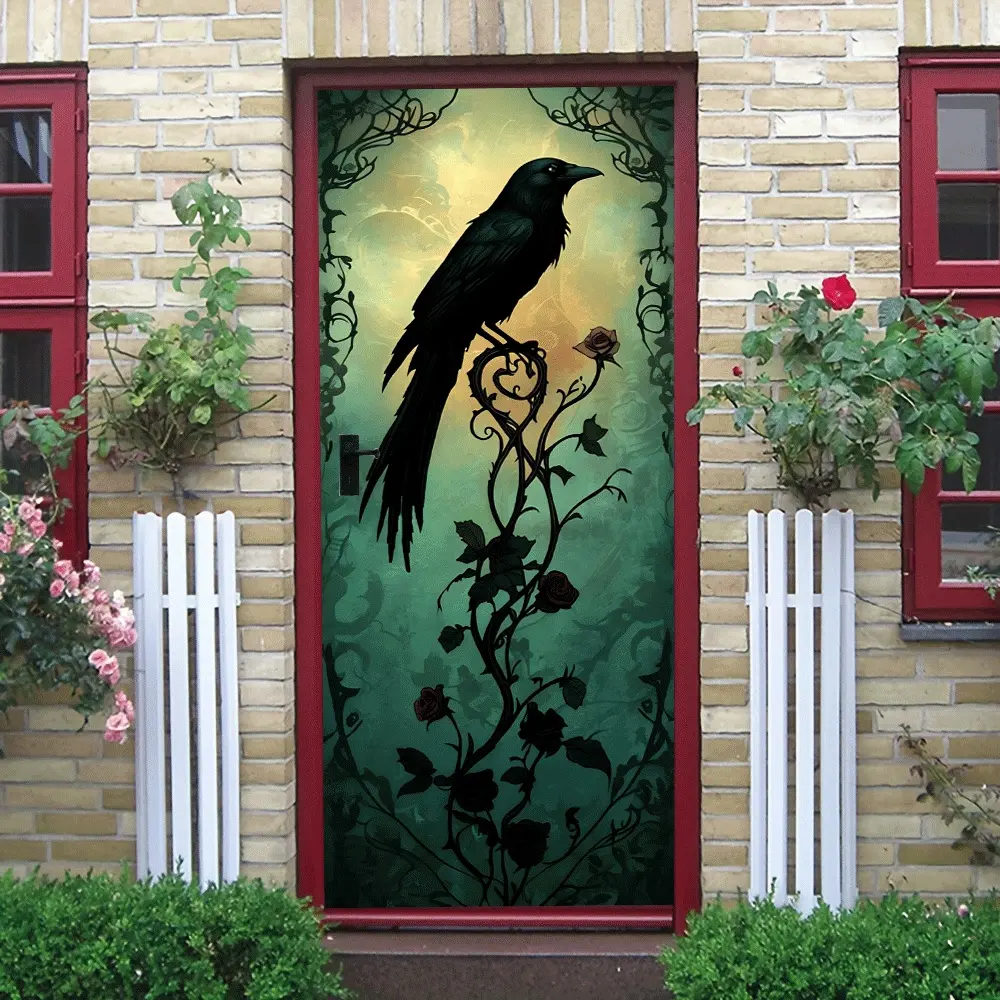 2pcs Gothic Crow and Vine Rose Decorative Wall Sticker Mysterious Vintage Home Door Decal Self Adhesive Removable Art Sticker Living Room Bedroom Entrance Wall Decoration Dark Style Creative Wall Ornam