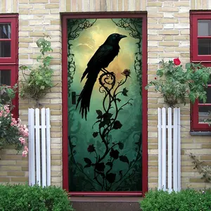 2pcs Gothic Crow and Vine Rose Decorative Wall Sticker Mysterious Vintage Home Door Decal Self Adhesive Removable Art Sticker Living Room Bedroom Entrance Wall Decoration Dark Style Creative Wall Ornam