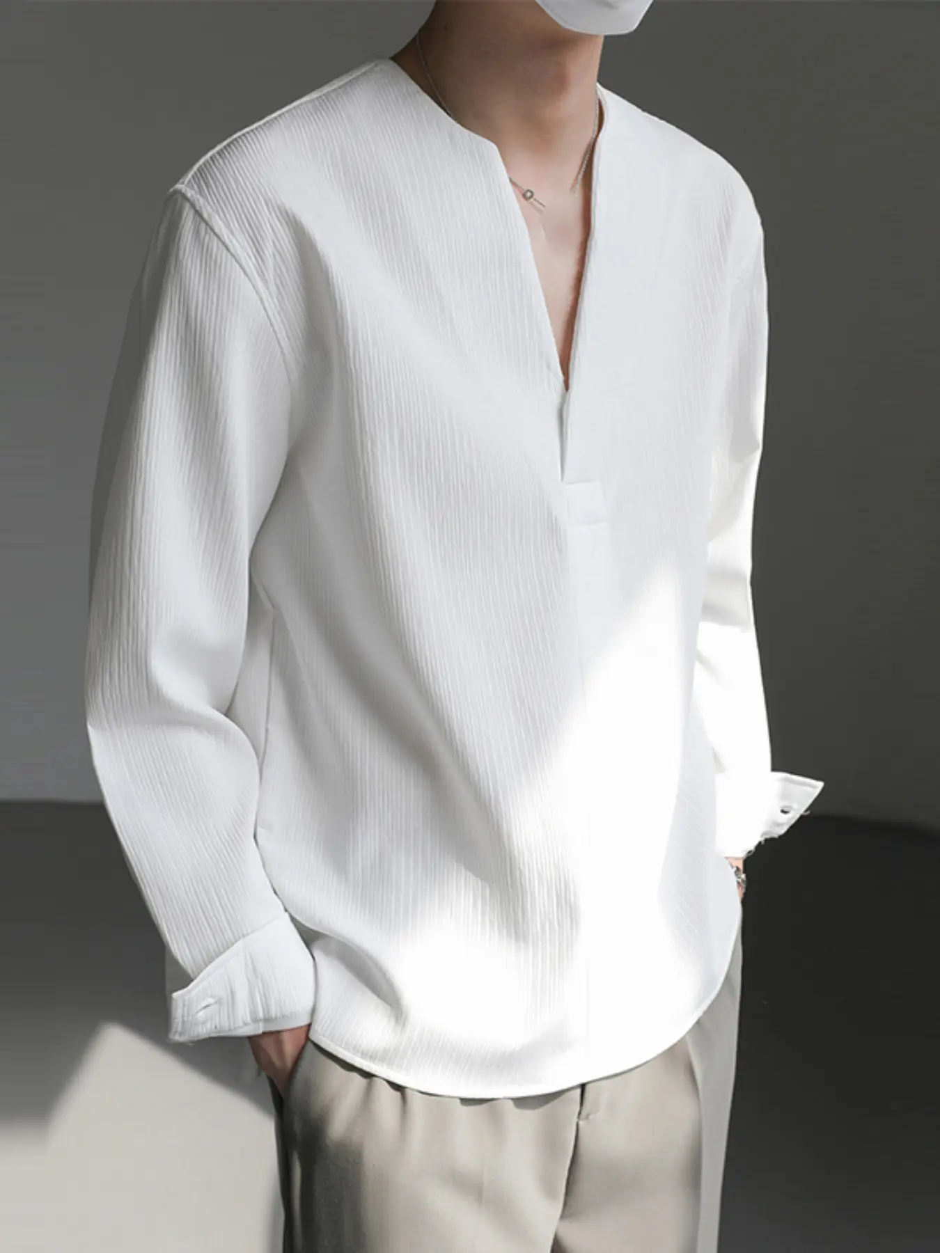 INCERUN Men Shirt Solid Color Loose V Neck Long Sleeve Streetwear Men Clothing Menswear Korean Style Fashion Casual Shirts Men