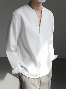 INCERUN Men Shirt Solid Color Loose V Neck Long Sleeve Streetwear Men Clothing Korean Style Fashion Casual Shirts Men