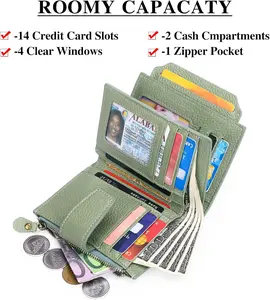 Bifold Women's Wallet Small Leather Purse RFID Blocking Card Case with 14 Card Slots & 4 ID Windows & 2 Cash Compartments & 1 Zipper Pocket