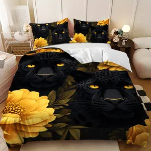 Bedding 3-piece set - Decorative Bedding Set 3PCS Black and Gold Panther and Yellow Peony Leaf Design Down Comforter Set (1 comforter cover + 2 pillowcases, filling not included) A gift for family, soft and comfortable, suitable for family bedrooms.