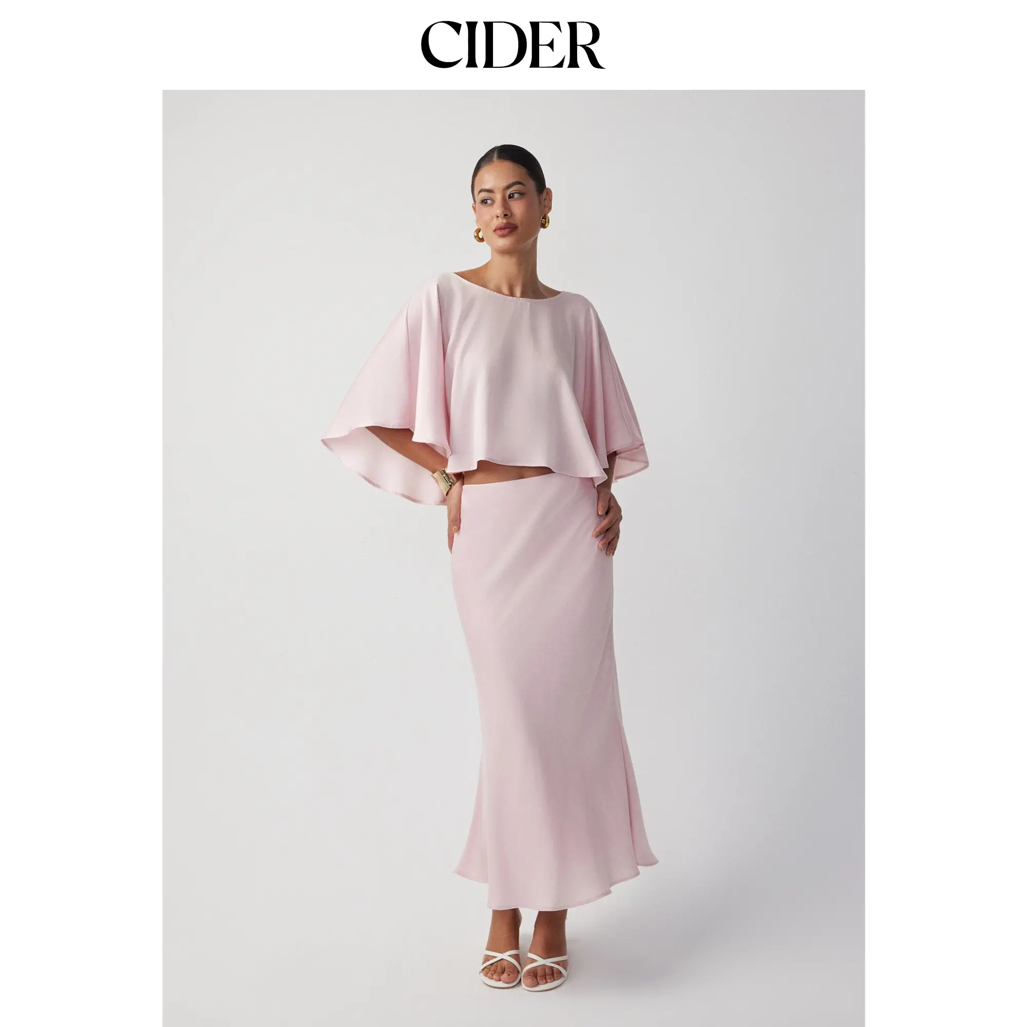 Cider Satin Dolman Sleeve Top & Mid Rise Mermaid Maxi Skirt Set