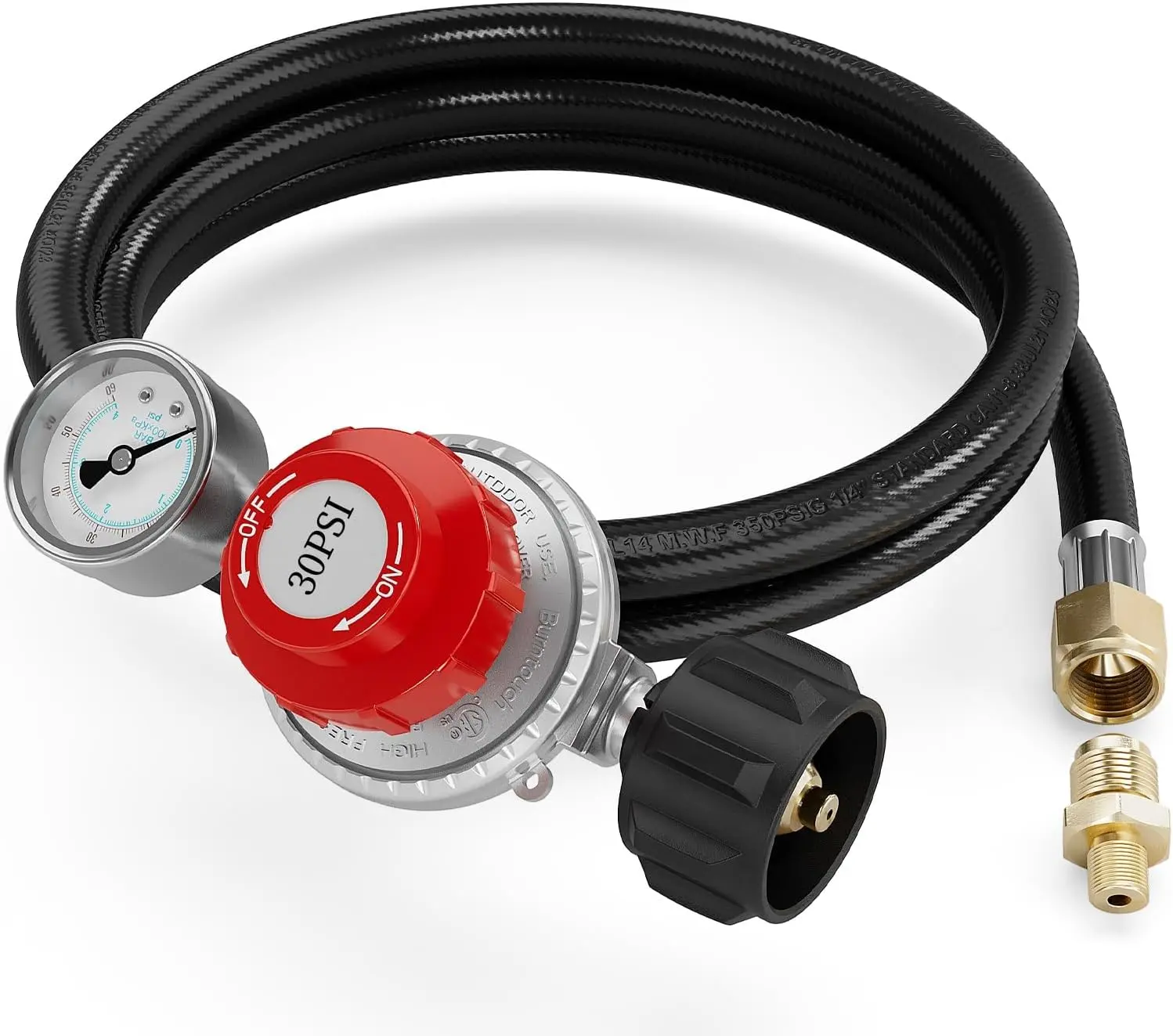 6FT 0-30 PSI Adjustable High   Regulator with 0~60PSI Gauge Gas Flow IndicatorPropane Regulator with Hose for LP Gas Cooker, Burner, Turkey Fryer,
