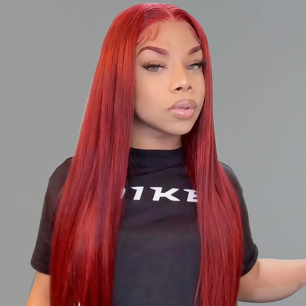 Ronashow 13x4 Lace Frontal Wig Human Virgin Hair for Women, Straight Cherry Red 33D, Pre-Plucked with Breathable Transparent Lace and Adjustable Cap, Natural Hairstyles, Side Part, Pre-Plucked Line, 100% Human Hair, Medium Size Cap