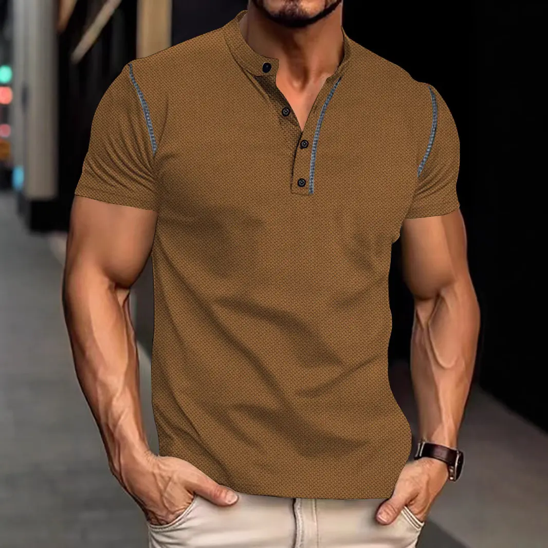 Men’s short-sleeve T-shirt with a Henley collar, color-block line panels, four buttons and a half placket; breathable loose fit; suitable for business/commuting, outdoor walks; available in multiple colors; versatile casual short-sleeve top.
