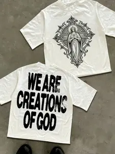 Men's Graphic Print T-Shirt, Cross Letter Gothic Font Dual-Sided Print, Soft Breathable Round Neck Top, Casual Loose Fit Summer Streetwear