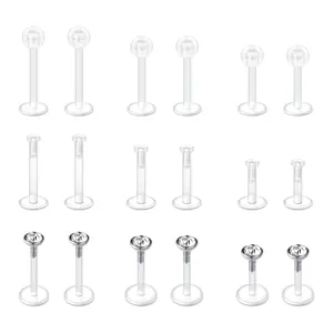 18-Piece Clear Labret Stud Set, 3-Style Piercing Jewelry with Flat-Back, Ball Top & CZ Crystal Tops, Multi-Length Transparent Piercing Studs for Lip, Cartilage & Tragus Piercings