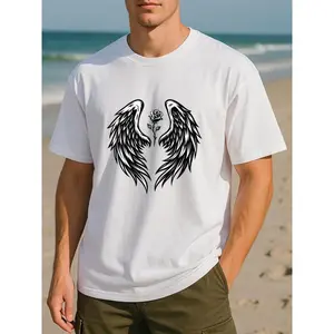Unisex Dark Romantic Wing & Rose Printed Short Sleeve Tee, Four Seasons Trendy Top, Moderate Stretch Fashion Style, Loose Crew Neck Comfortable Unique T-shirt, Ideal for Gamers and Themed Parties, Team Outfits