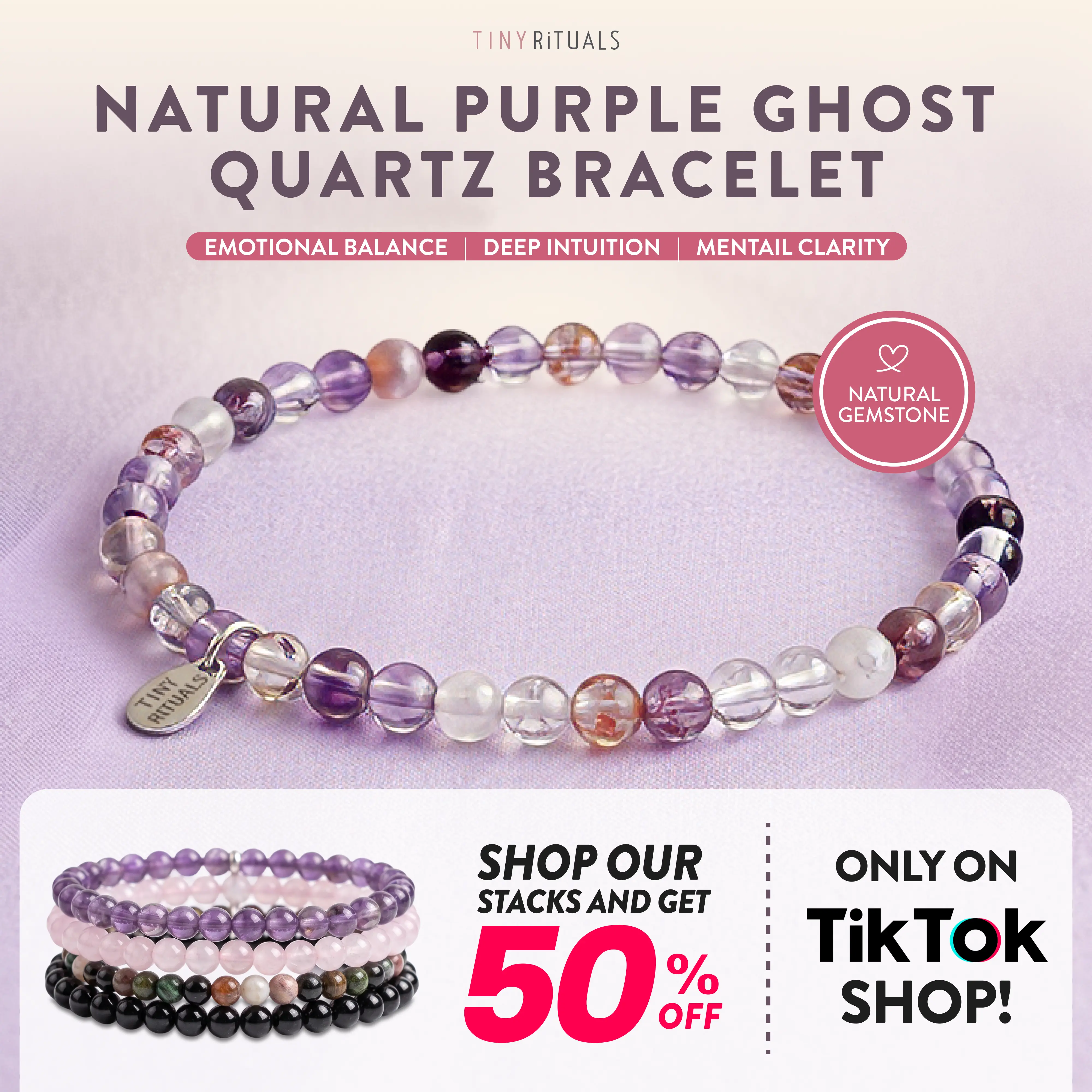TINY RiTUALS Natural Purple Ghost Quartz Crystal Healing Bracelet Bracelts