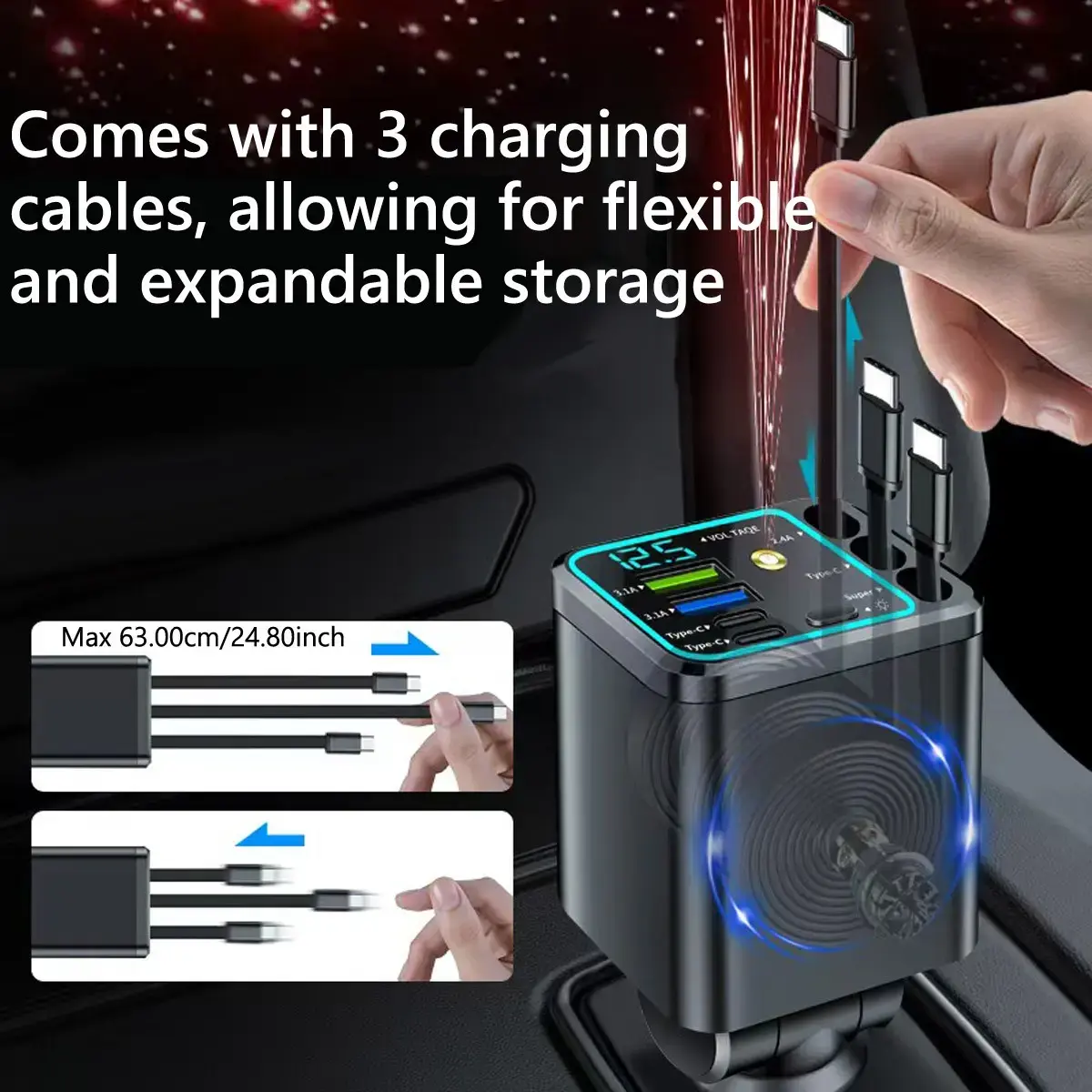 7-in-1 Super Fast Car Charger, Automotive Accessory with Star Projector, Ambient Light, 3 Retractable Cables, 180° Adjustable Head, PD 3.0 & QC 3.0 - Road Trip Essential for iPhone, Android, Tablets; Fits Cars, Pickup Trucks
