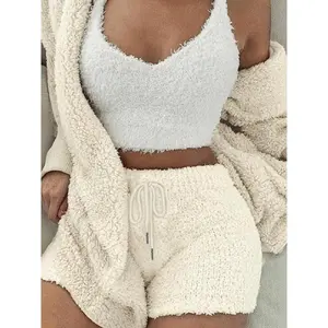 Women's Solid Color Plush Three-Piece Pajama Set, Casual Comfortable V-Neck Camisole Top and Hooded Jacket with Tie Shorts Loungewear Set, Women's Pajama Set, Women's Winter Pajamas, Fluffy Pajamas, Cute Pajama Set, Loungewear