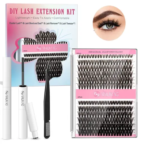 DIY Eyelash Extension Kit for Adults - 240Pcs 9-17mm D Curl & CC Curl Cluster Lashes, Eyelash Bond Glue, Sealer, Tweezers, Remover, Mascara for At-Home Salon Makeup, Holiday Gifts