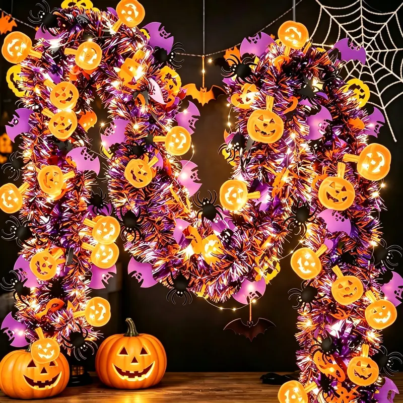 13.1Ft Halloween Garland with LED Lights, Glow in The Dark Spooky Tinsel Garland Decor, Pumpkin Bat Spider Hanging Garland for Halloween Party, Home, Porch, Tree & Holiday Decoration