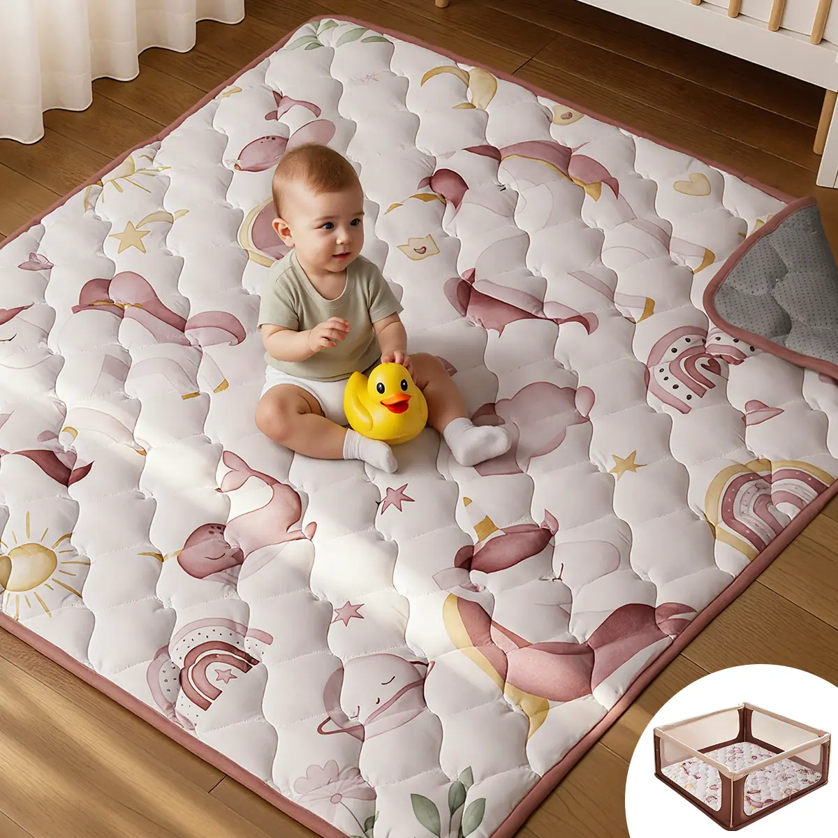 BIOBY Baby Play Mat, Thicken Soft Cotton Baby Playmats, Foldable Anti-Slip Floor Crawling Playmat Playpen Mat for Infants and Toddlers, 50"x50", Pink