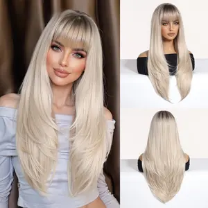 Full Bangs High-Layered Gradient Blonde Long Straight Fashion Wig Full Head Hairstyle Wavy Ombre Synthetic for Women