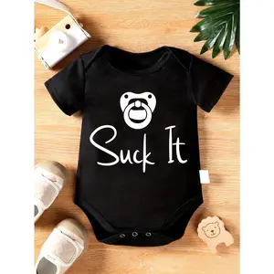Cute Baby Bodysuit With Pacifier And Suck It Print Soft Versatile Round Neck Button Detail Regular Fit All Seasons Knitted Fabric Onesie For 0-12 Months