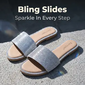 Summer Women's Rhinestone Flat Slides Open Toe Slip On Sandals Cushioned Footbed Bling Casual Slippers Secure Non-Slip Outsole Soft Insole Easy Slip-On Footwear Shoe