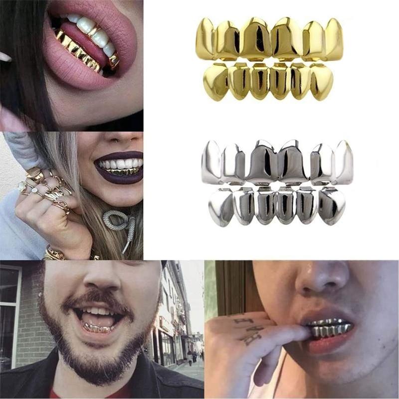 24K Gold Plated Hip Hop Teeth Grillz Punk Custom Fit Teeth Grillz Caps Top & Bottom Grill Set Removable Hip Hop Mouth Grills For Women Men Gift Halloween Party Photo Fancy Dress Accessories*ms