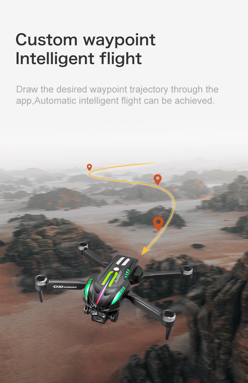 D10 Drone | Brushless Motor 4-Way Obstacle Avoidance Drone with Gradient Flowing Lights, Optical Flow & Servo Gimbal EIS Stabilization, Dual WIFI Camera, Sports Car Shape, Foldable, Gesture Control & One Key Return D10 Drone | Brushless Motor 4-Way Obstacle Avoidance Drone with Gradient Flowing Lights, Optical Flow & Servo Gimbal EIS Stabilization, Dual WIFI Camera, Sports Car Shape, Foldable, Gesture Control & One Key Return