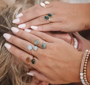 EARTHSTONE RINGS Radiant Teardrop Gemstone Ring in 12 Stone Types Adjustable Stainless Steel 14k Gold Plated Faceted Gemstones for Any Occasion