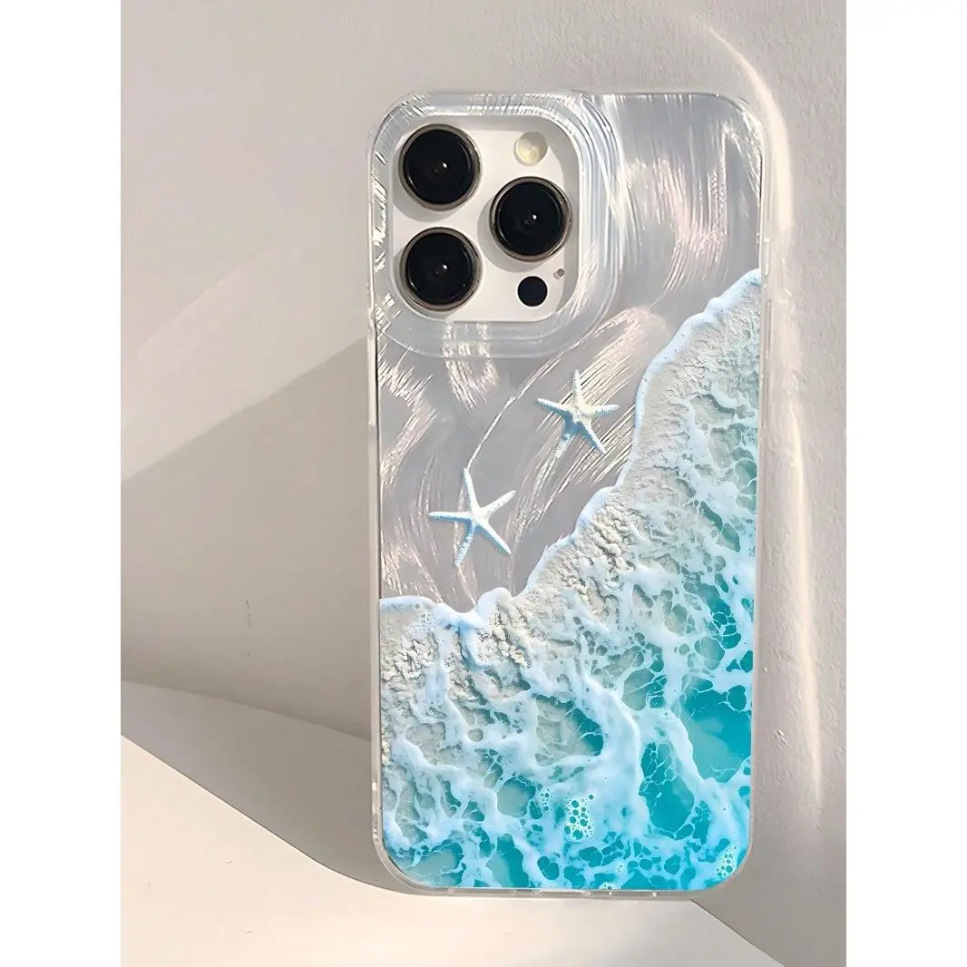 Summer refreshing vacation beach, ocean gradient blue wave foam starfish pattern, full-cover TPU shockproof phone case, suitable for iPhone 17/16/15/14/13/12/11/X/XS/XSMAX, is the perfect gift for yourself, family, and friends.