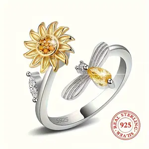 925 Sterling Silver Wrap Ring Trendy Sunflower & Honey Bee Design Paved Shining zirconia High Quality Fidget Ring With Gift Box And Gift Card