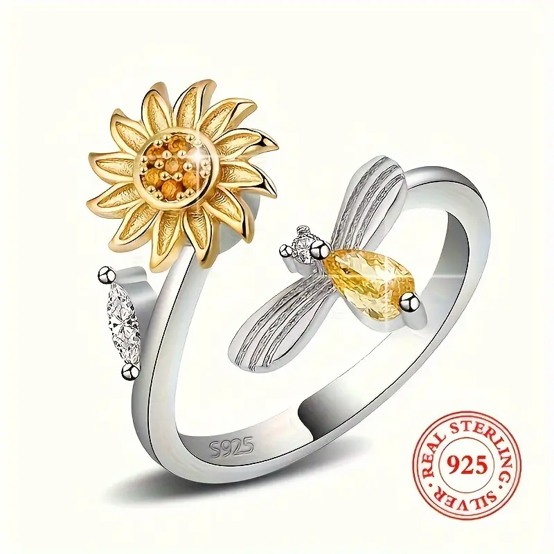 925 Sterling Silver Wrap Ring Trendy Sunflower & Honey Bee Design Paved Shining zirconia High Quality Fidget Ring With Gift Box And Gift Card