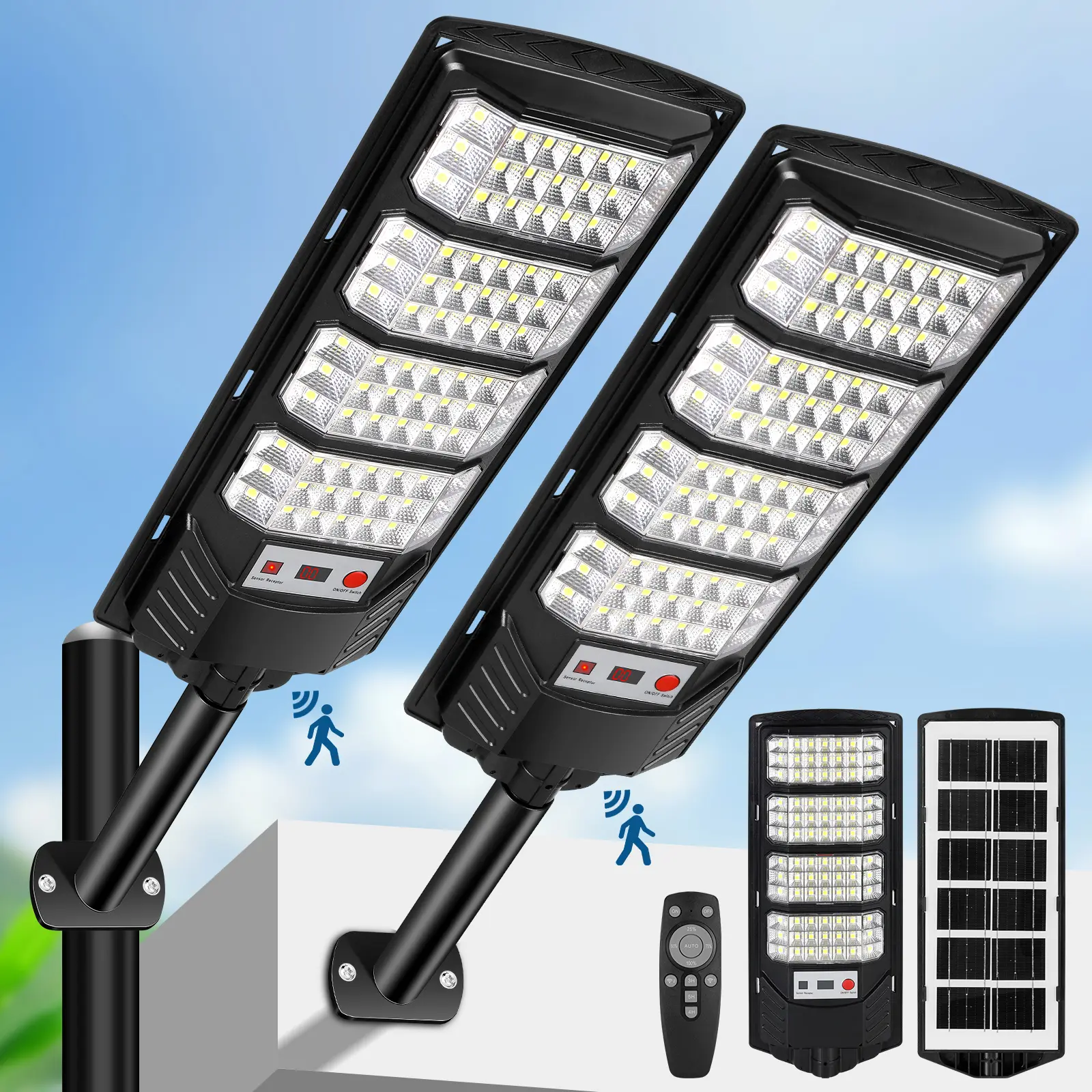 Solar Street Lights with 4 Lighting Modes,Waterproof ,Dusk to Dawn Outdoor Motion Sensor Wall Light With Remote Control ,6500k Cool White Light for Garden , Garage , Backyard