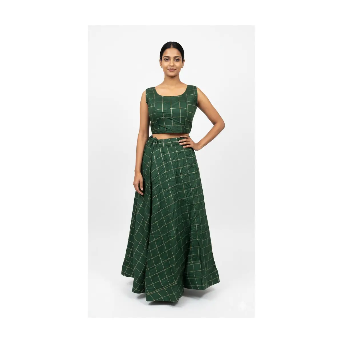 #K4 Emerald Green Checkered Lehenga Set – Crop Top + A‑Line Skirt