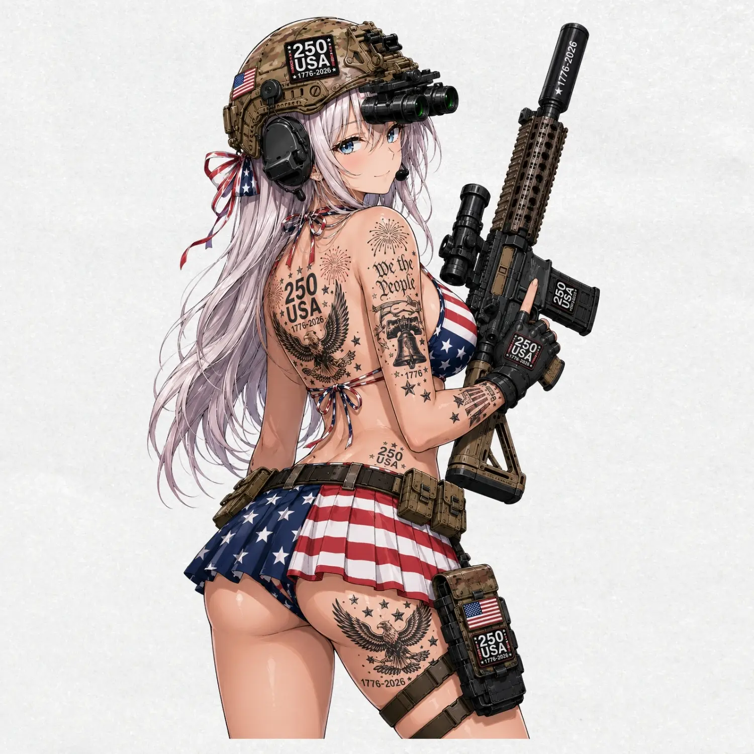 Alya USA 250th Tactical Vinyl Sticker, Patriotic Anime Waifu Decal, MK12 Rifle Anime Girl, Ops-Core FAST Helmet, 4th of July USA 1776-2026 Art