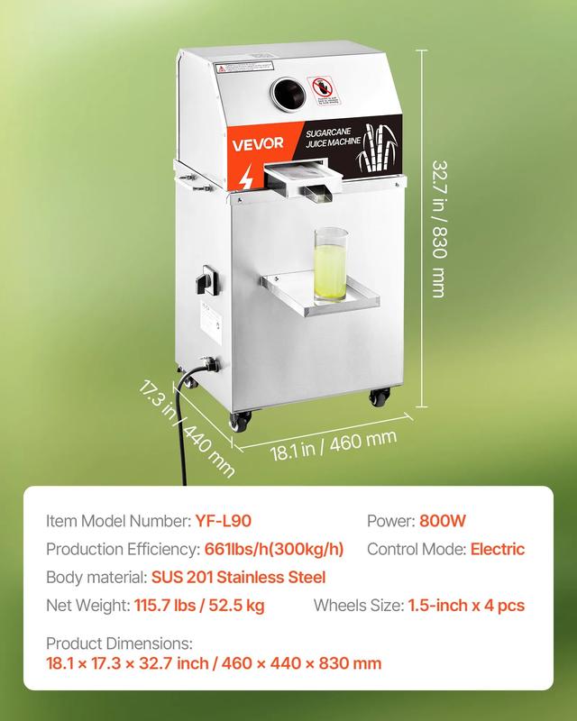 VEVOR Commercial Sugar Cane Juicer, TikTokShopBlackFriday, 800W Electric Sugarcane Juicer Machine with 661LBS/H High Output, 3 Stainless Steel Rollers, Sugar Cane Press Juice Extractor Squeezer on Wheels for Home/Commercial