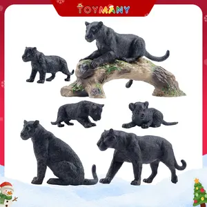 Toymany 7PCS Black Panthers Figurines with Panther Cub and Tree Trunk, Realistic Jungle Animals Figures Family Playset, Educational Toy Cake Toppers