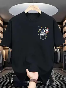 Astronaut Pocket Space Print T-Shirt, Casual Fitted Crop Top, Sci-Fi Style, Daily Wear, Unique Fashion Piece