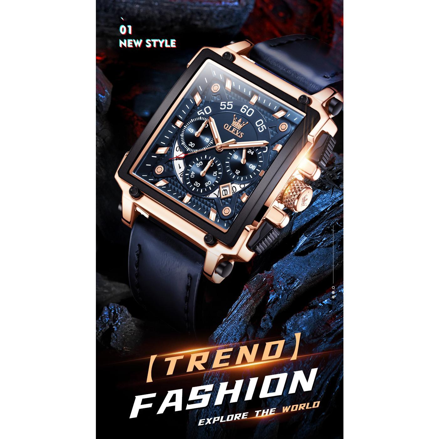 OLEVS 9919 Chronograph Multifunctional Quartz Men's Watch Leather strap 45MM Square Big Dial Leisure Sports TOP Brand Male Watch