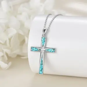 New Hot-Selling Turquoise Women Cross Pendant Necklace Unique Punk Style Green Stone Foldable Stainless Steel Cross Charm Perfect Gift for Friends Girlfriends Birthdays Holidays