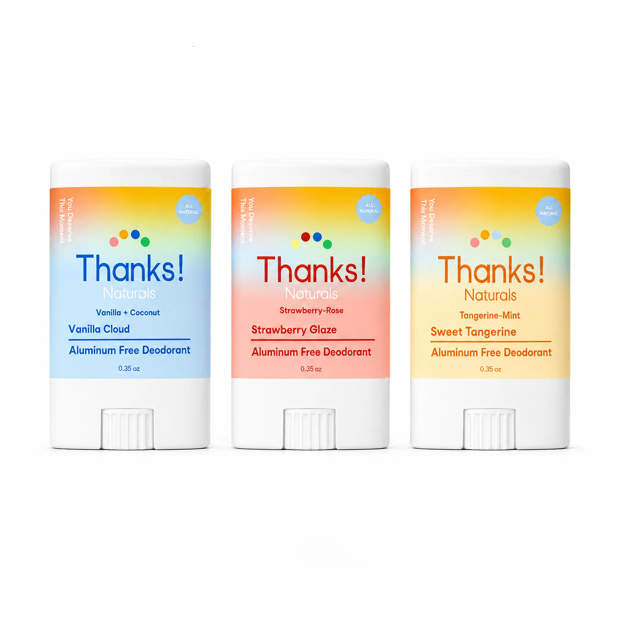 Thanks Naturals Mini Deodorant Trio, 3 Pack of Aluminum-Free Natural Deodorants with Sweet Tangerine, Vanilla Cloud & Strawberry Glaze Scents, Odor-Fighting Body Care, Travel Size, 0.35 oz Each, Bright, Lightweight, Clean Ingredient Deodorants
