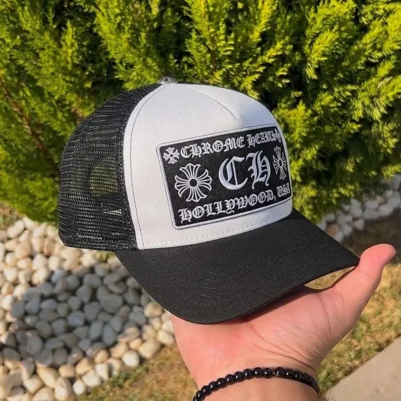 Chrome Hearts Style Trucker Cap – Black & White Embroidered Gothic Cross Graphic Hat, CH Hollywood California Design, Mesh Back, Curved Brim, Adjustable Snapback Closure, Unisex Streetwear Fashion Headwear