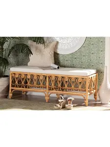 Bali & Pari 193271414055 Ibiza Modern Bohemian Natural Brown Rattan Bench, White & Light Honey