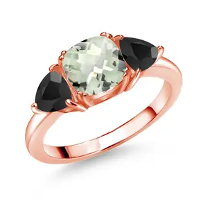 Gem Stone King 18K Rose Gold Plated Silver Gemstone Birthstone and Black Onyx 3-Stone Engagement Ring for Women | 7MM Cushion and 5MM Trillion | Three Stone Promise Anniversary Wedding Ring | Sizes 5-9