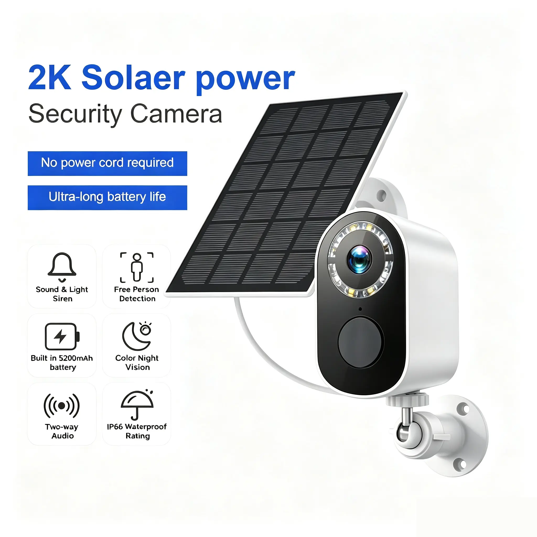 2K QHD Wireless Solar Power Security Camera, Indoor/Outdoor Battery Powered , Color Night Vision, AI Motion & Person Detection, Spotlight Siren, 2-Way Audio, IP66 Weatherproof, App Remote Monitoring