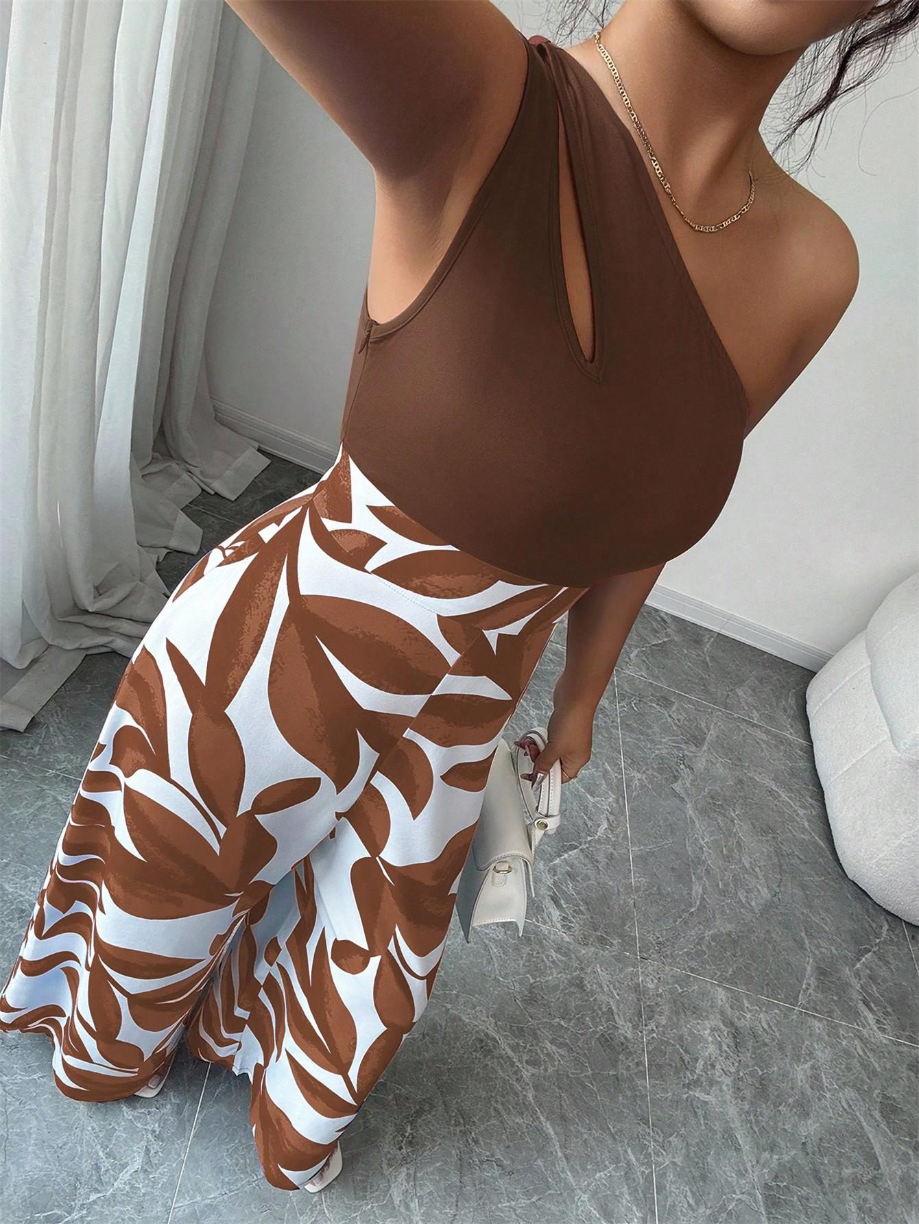 ASANDY Women's One Shoulder Cutout Wide Leg Jumpsuit Leaf Print High Waist Colorblock Casual Jumpsuit Elegant Silhouette Versatile Style Perfect For Vacation Date Night Streetwear & Daily Looks