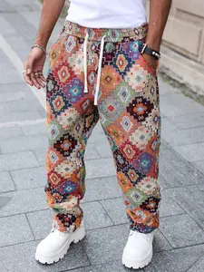 Men's Loose Fit Jacquard Casual Pants, Comfortable Fashion Design, Y2K Street Style, Suitable for Daily Wear, Trendy Fashion Accent