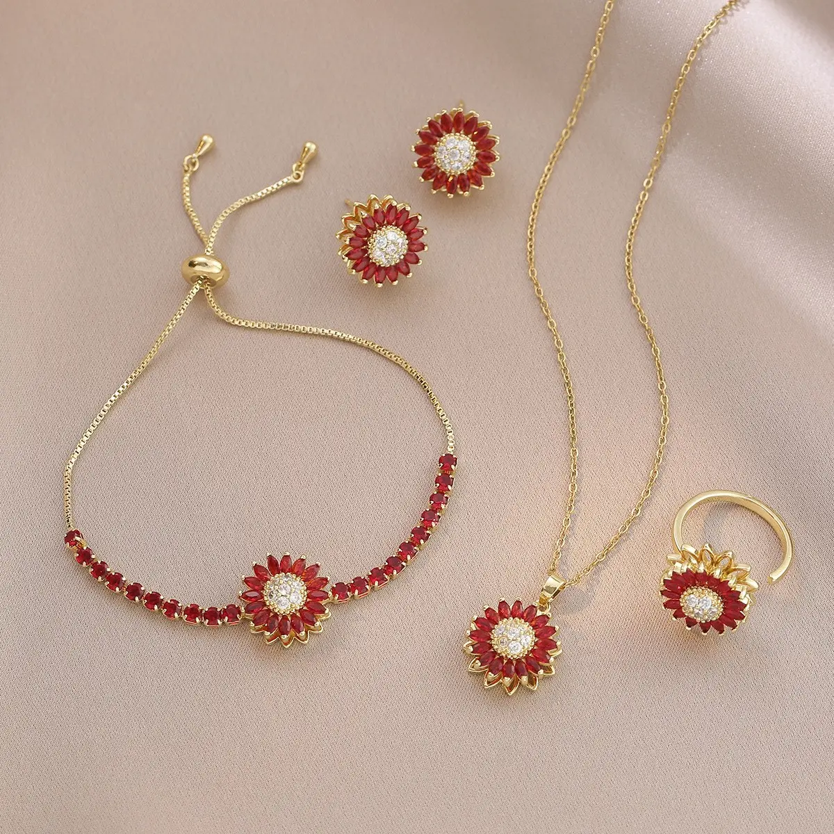 5PCS Green Rotating Sunflower Jewelry Set,Necklace for Women Trendy Style Micro-PavedZircon Emerald Green Sunflower Rotating ChokerRing Earrings and Bracelet Set