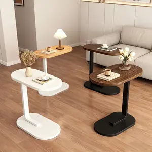 Modern C-Shaped Sofa Side Table & Coffee Table - Compact, durable wood & iron construction, 2 colors (black frame + walnut finish / white frame + wood finish) - Sturdy frame, suitable for living room, bedroom, RV & balcony décor.