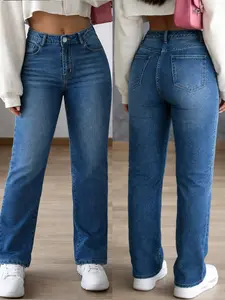 Spring Summer High Waisted Elastic Women's Denim Jeans, Washed Blue Casual Straight Leg Pants, Ripped Design, Zipper Fly, High Waist