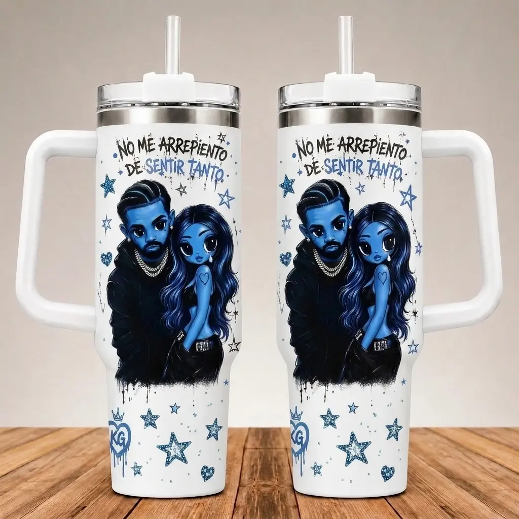 NewAlbum Music 40oz Tumbler with Handle, Blue Girl Neon Star Full Wrap Travel Cup, Stainless Steel Insulated Mug, Latin Music Fan Gift
