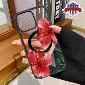 Hibiscus Eternal Growth Pattern Magnetic Phone Case Supports Wireless Charging for iPhone 17 15 16 14 Pro Max 13 12 11 XR XS  Air Plus Shockproof Non Slip Protection Silicone Transparent Acrylic Cover Cellphone Protective