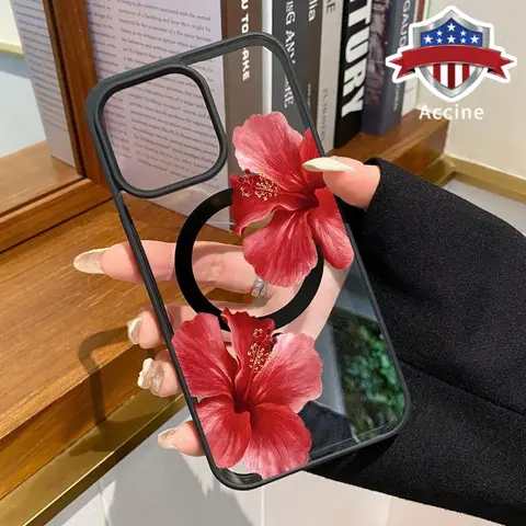 Hibiscus Eternal Growth Pattern Soft TPU Magnetic Phone Case, Durable Anti-Drop Shockproof Non-Slip Transparent Silicone Acrylic Cover with Wireless Charging Support for iPhone 17,16,15,15 Plus,14 Pro Max,13,12,11,XR,XS,Air
