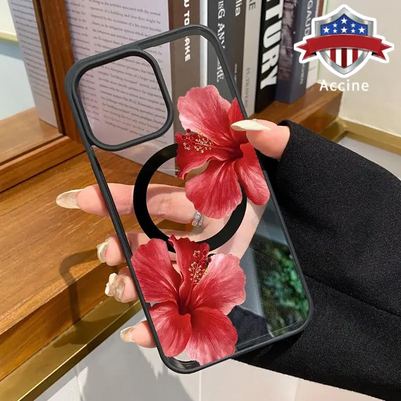 Hibiscus Eternal Growth Pattern Magnetic Phone Case, Shockproof Non-Slip Protector Casing with Wireless Charging Support for iPhone 17,16,15,14 Pro Max,13,12,11,XR,XS,Air,Plus - Transparent Silicone Acrylic Phone Accessories, Smartphone